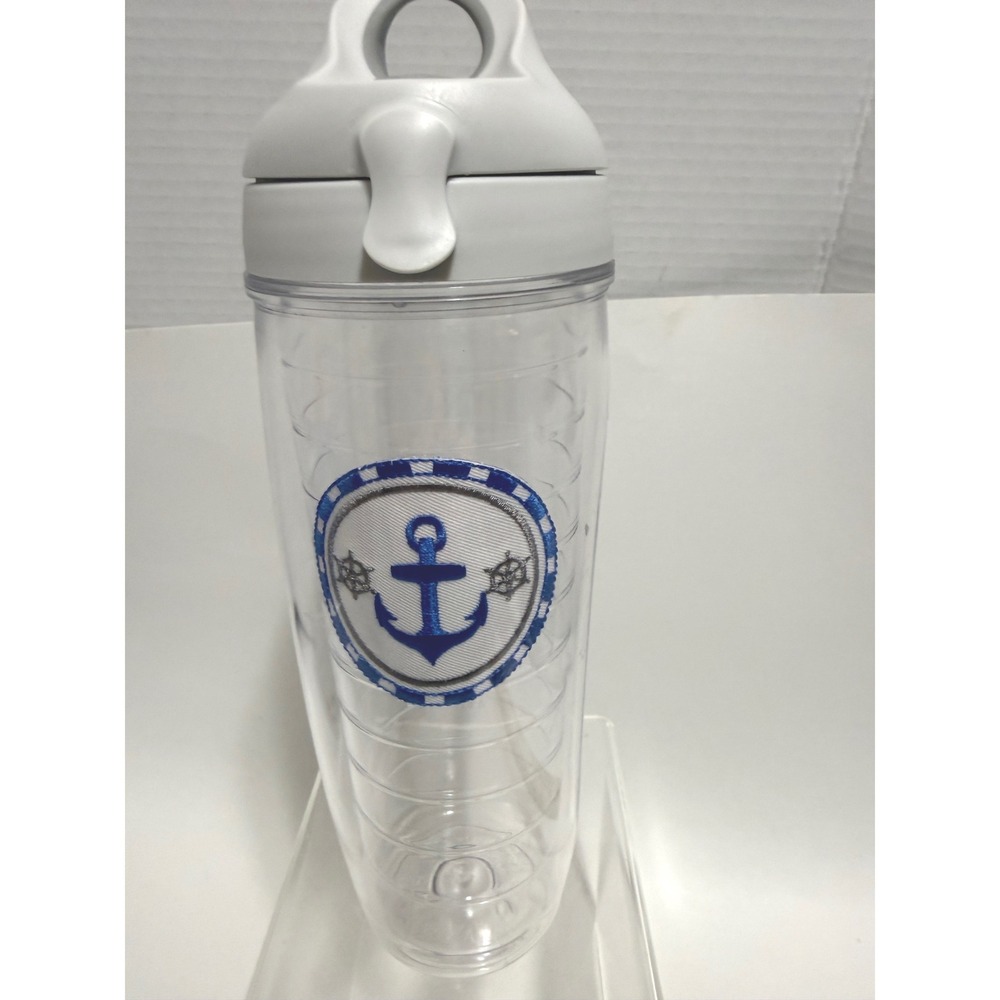 Tervis 24oz Insulated Water Bottle Nautical Anchor Patch Grey Flip Top Lid Clear
